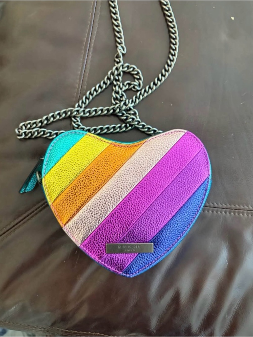 Kurt Geiger Rainbow Striped Heart Crossbody with Chain - Picture 2 of 2